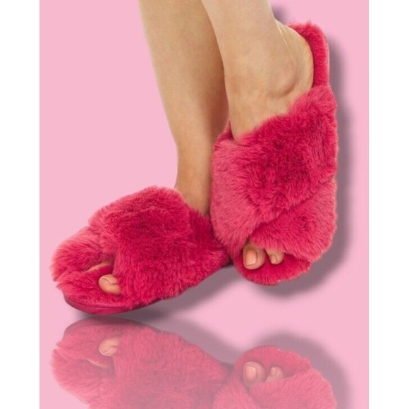 Flora Berry Rouge Super Soft Fuzzy Faux Fur Crossband Womens 7/8 House Slippers - Picture 16 of 16